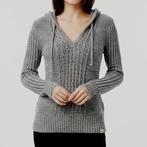 Roxy Long Sleeve V-Neck Hooded Charcoal Grey Knit Sweater - Size XS